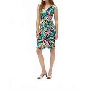 NEW JOSEPH RIBKOFF tropical print faux wrap dress in black/ multi